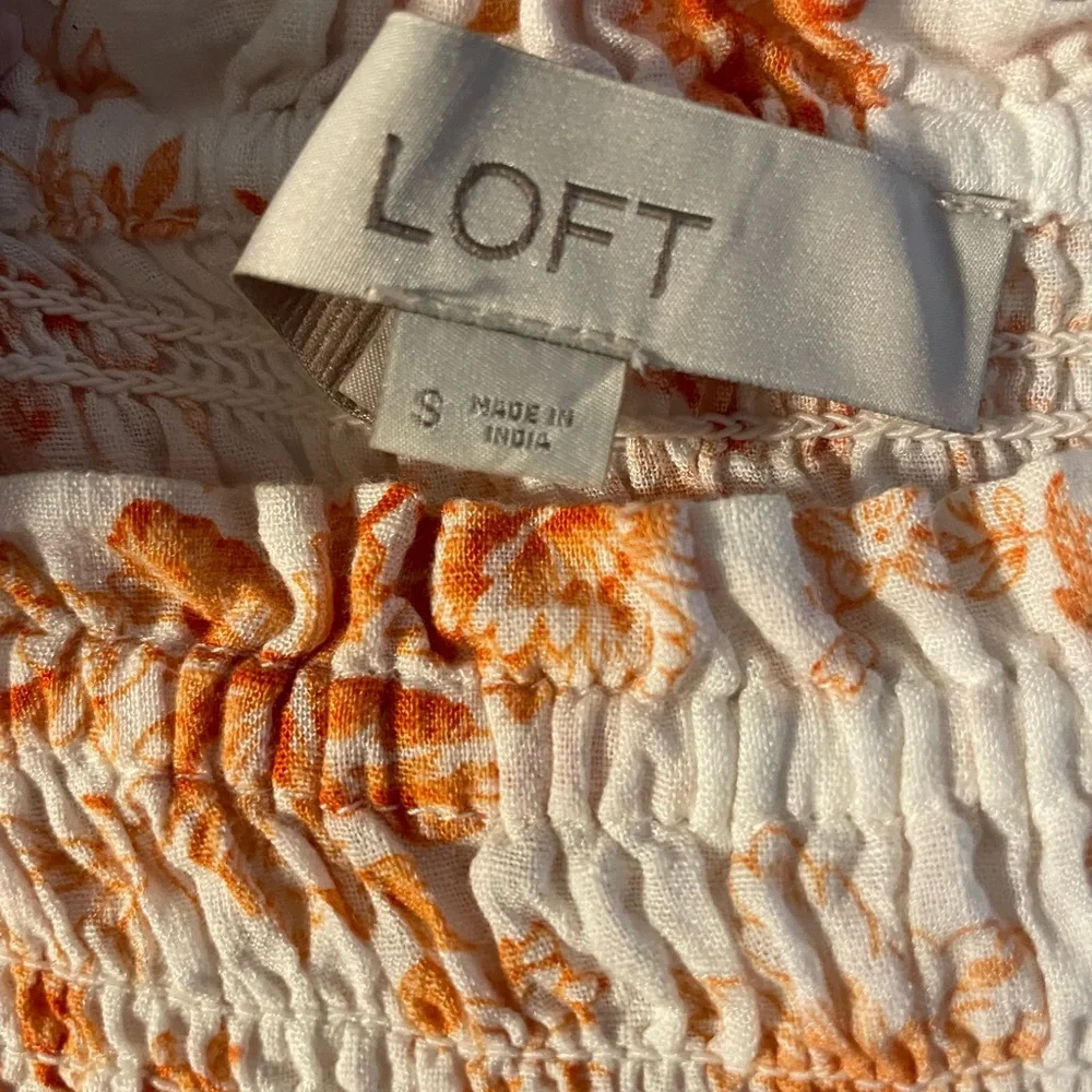 LOFT Orange Smocked Floral Peplum Blouse Puff Sleeve Cottagecore Resort Retro